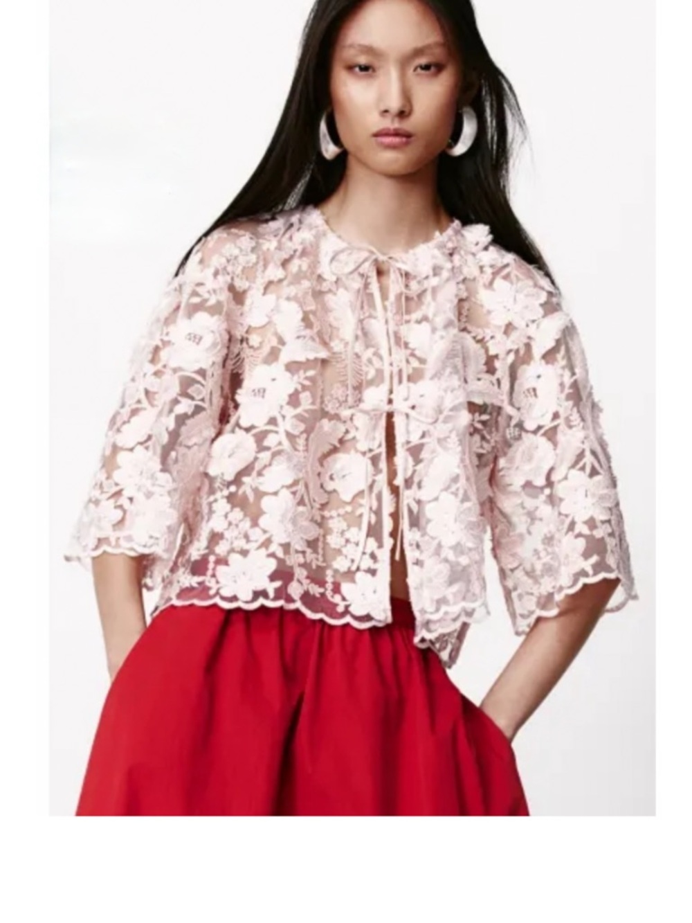 H&M Womens Floral Embroidery Tie Front Cropped Top, M Coquette Cottage Fairy NWT